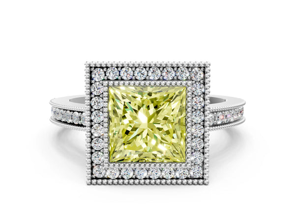 White gold Fancy Yellow Princess  Cut Halo Diamond Ring with Pavé Band and Milgrain Prong Setting
