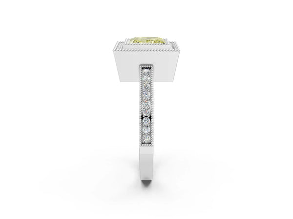 White gold Fancy Yellow Princess  Cut Halo Diamond Ring with Pavé Band and Milgrain Prong Setting