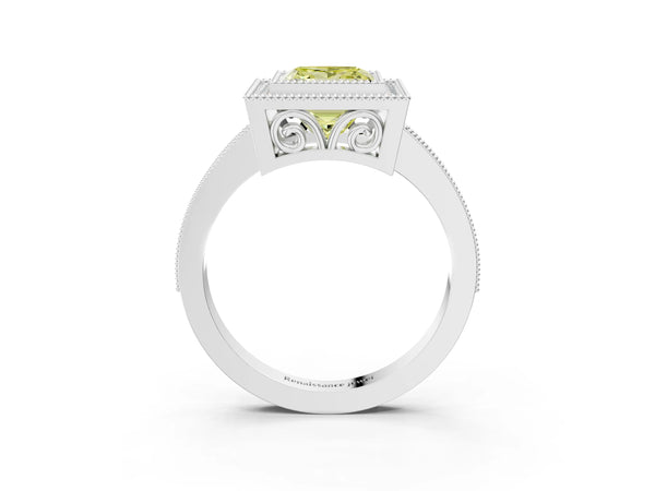 White gold Fancy Yellow Princess  Cut Halo Diamond Ring with Pavé Band and Milgrain Prong Setting