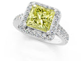 White gold Fancy Yellow Princess Cut Halo Diamond Ring with Pavé Band and Three-Prong Setting_13