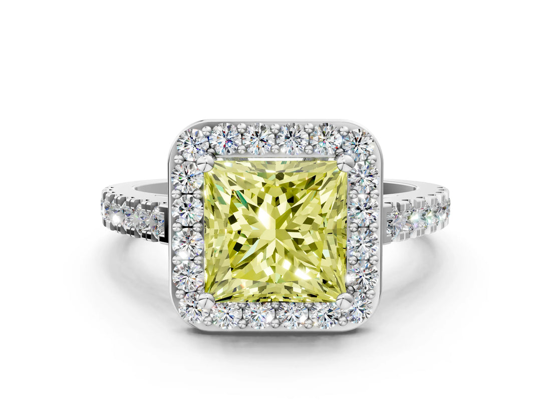 White gold Fancy Yellow Princess Cut Halo Diamond Ring with Pavé Band and Three-Prong Setting_24