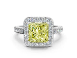 White gold Fancy Yellow Princess Cut Halo Diamond Ring with Pavé Band and Three-Prong Setting_24