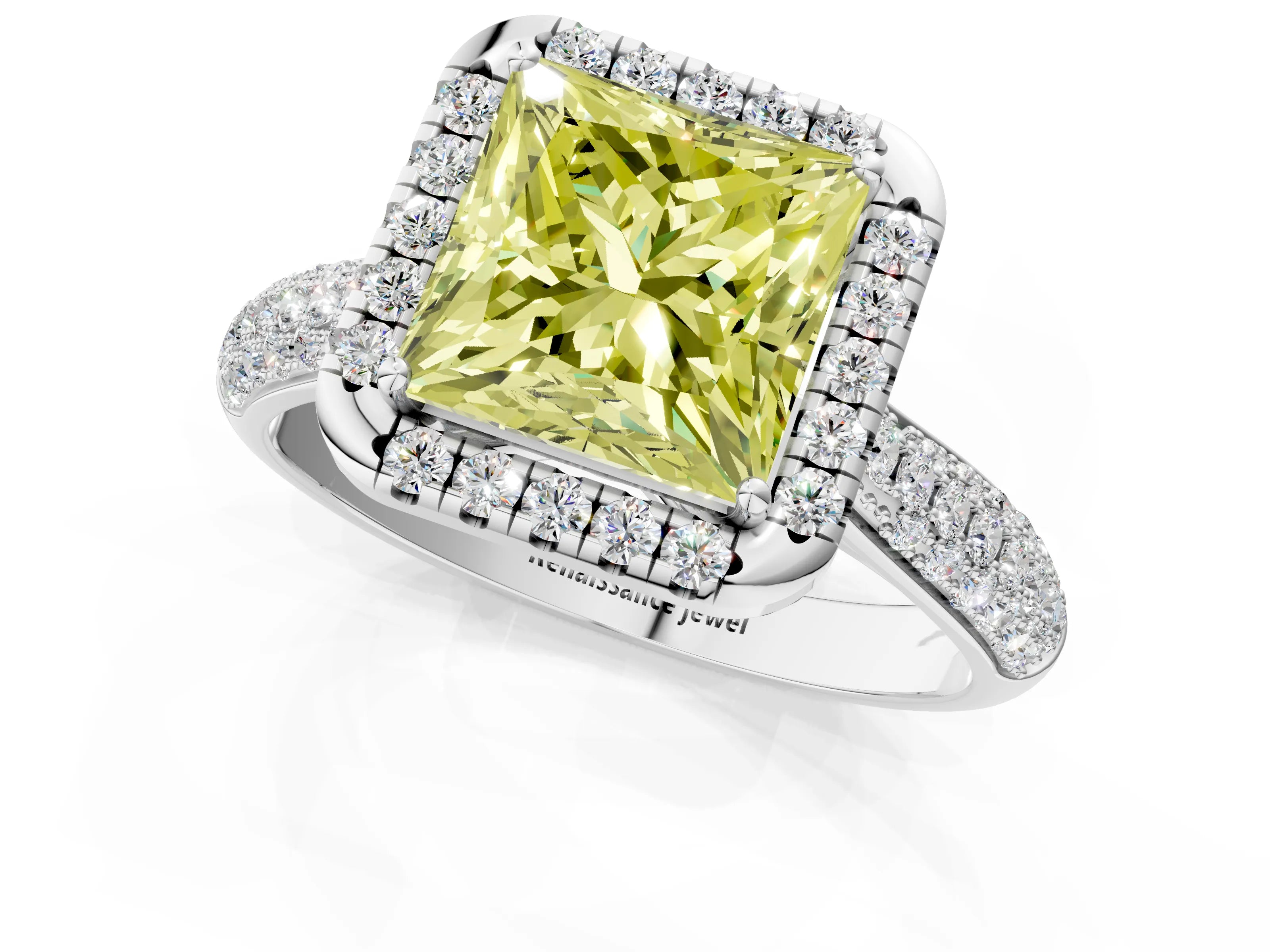 White gold Fancy Yellow Princess Cut Halo Diamond Ring with Pavé Band_13