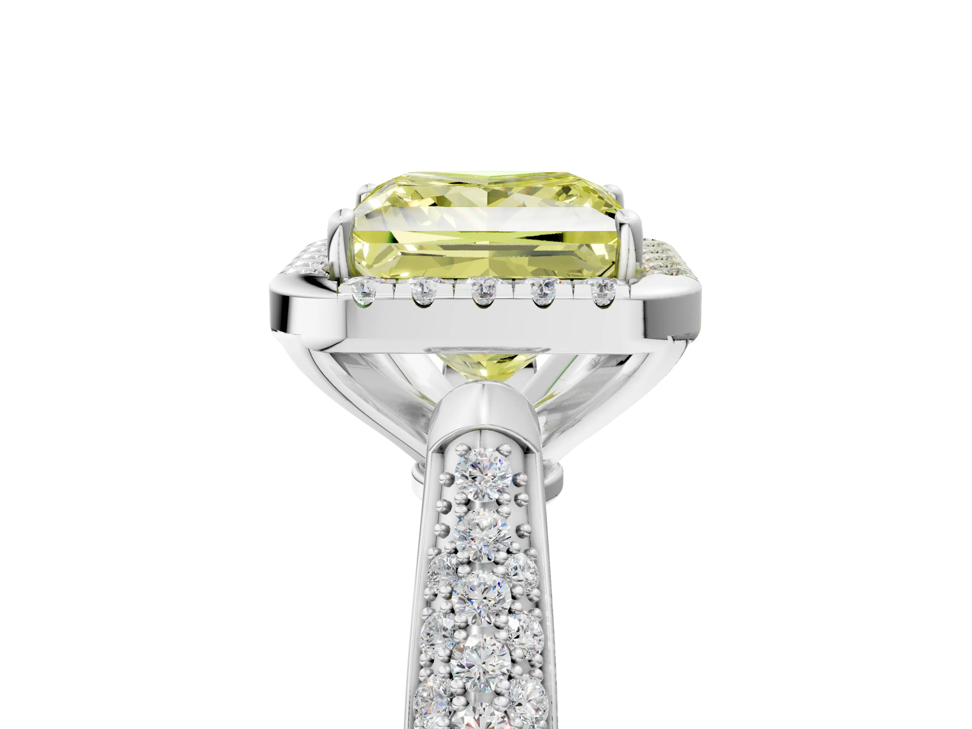 White gold Fancy Yellow Princess Cut Halo Diamond Ring with Pavé Band_17