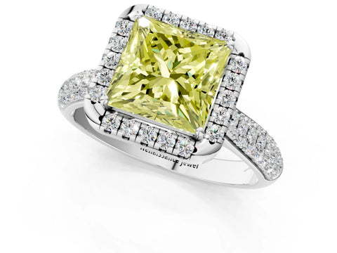 White gold Fancy Yellow Princess Cut Halo Diamond Ring with Pavé Band_1