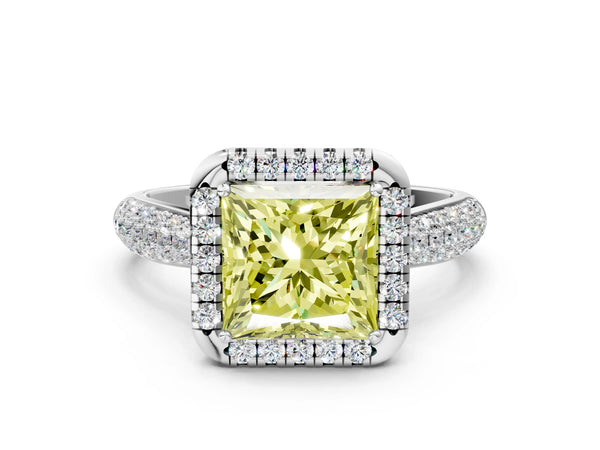 Platinum Fancy Yellow Princess Cut Halo Diamond Ring with Pavé Band