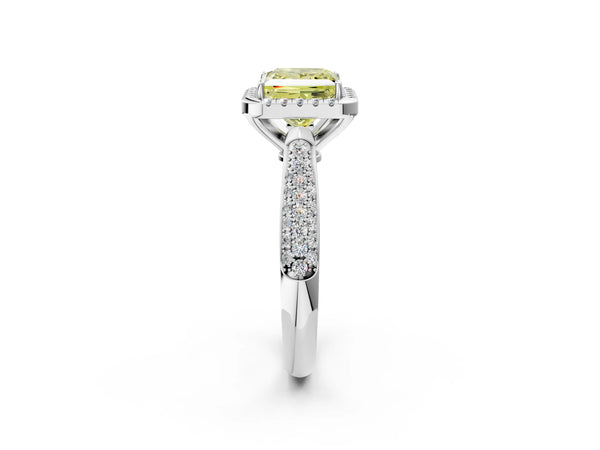 Platinum Fancy Yellow Princess Cut Halo Diamond Ring with Pavé Band