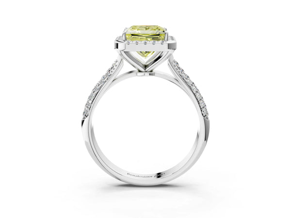 Platinum Fancy Yellow Princess Cut Halo Diamond Ring with Pavé Band