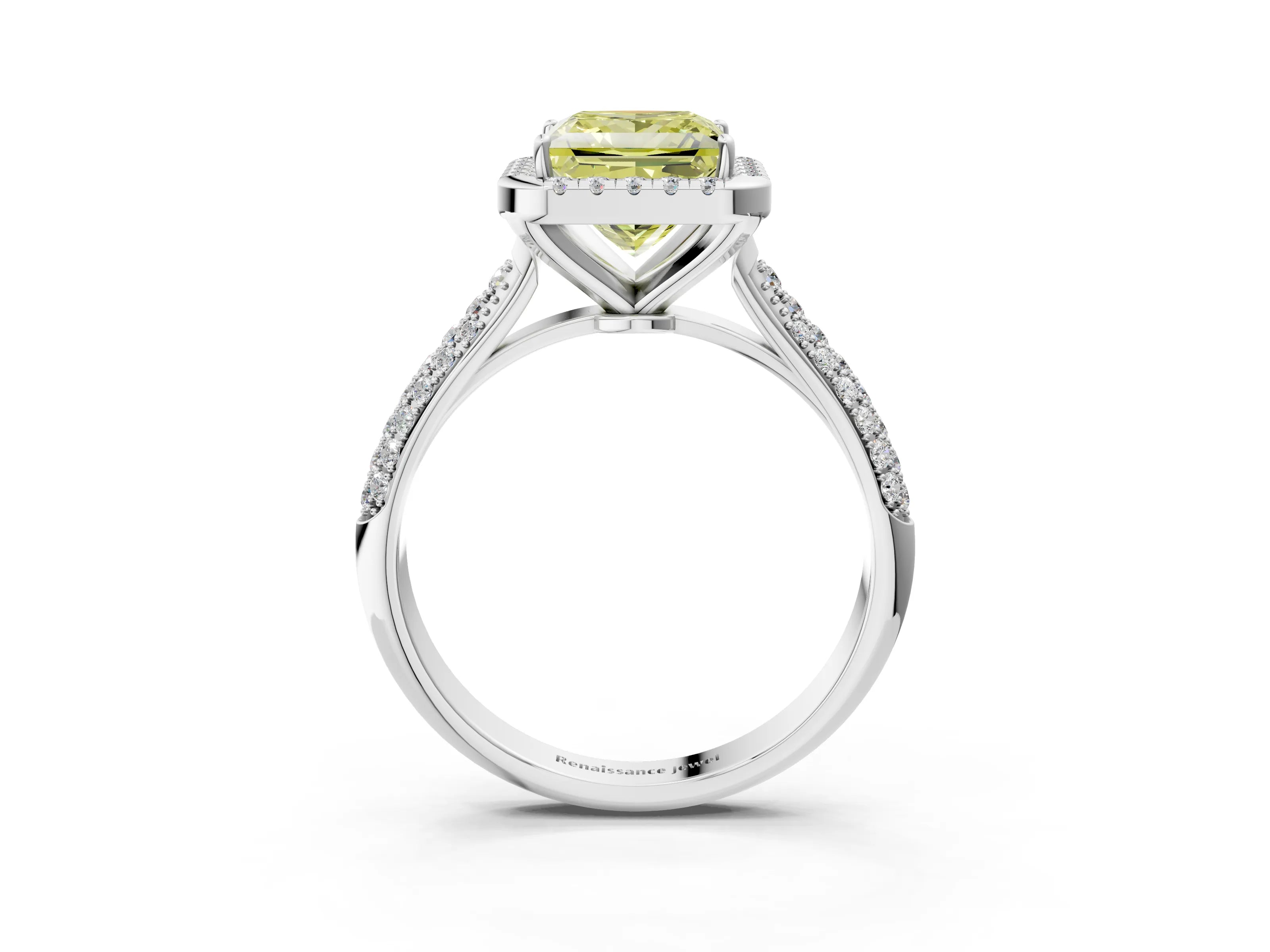 White gold Fancy Yellow Princess Cut Halo Diamond Ring with Pavé Band_51
