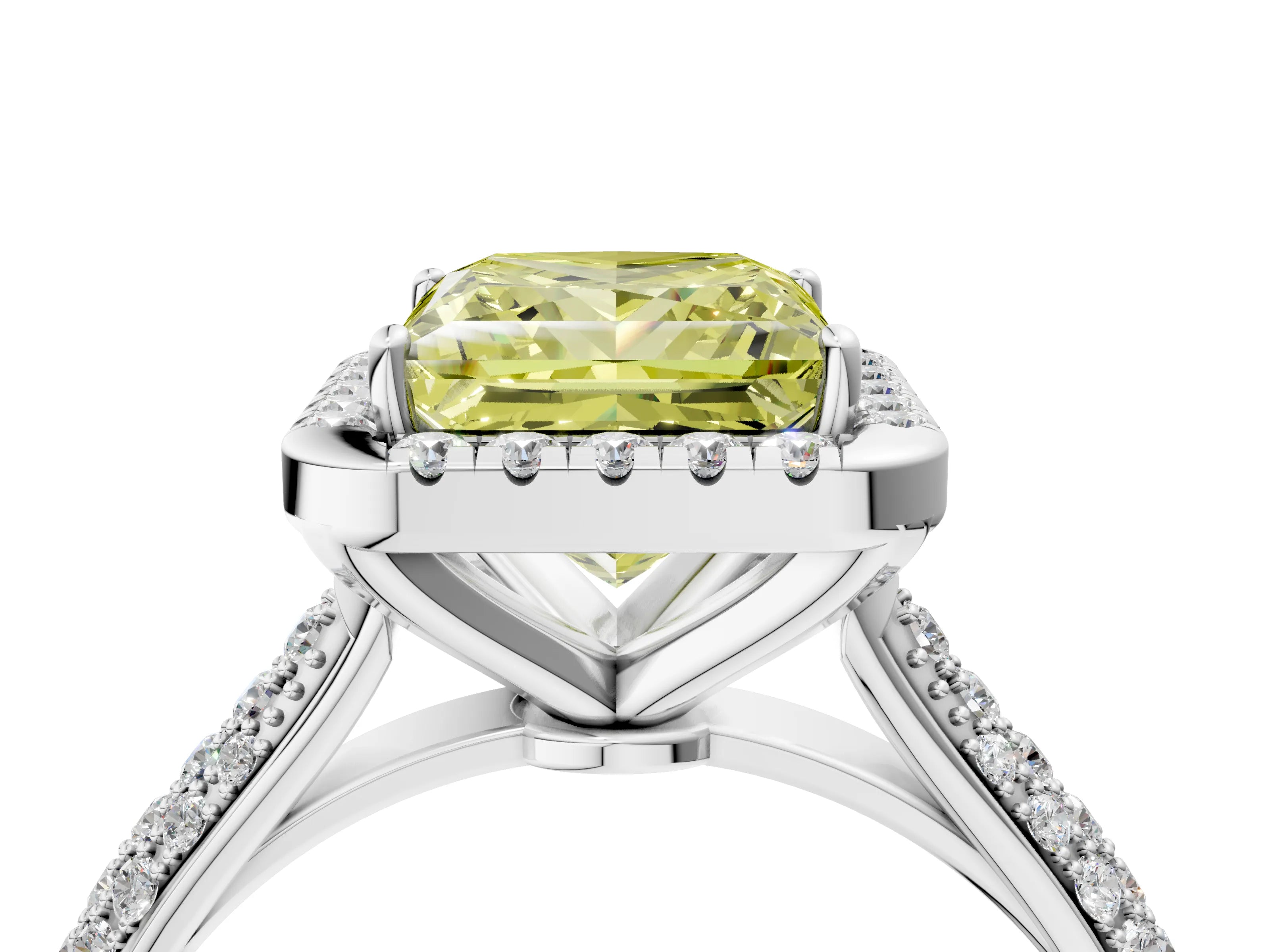 White gold Fancy Yellow Princess Cut Halo Diamond Ring with Pavé Band_52