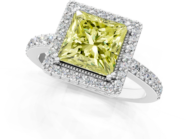 White gold Fancy Yellow Princess  Cut Diamond Halo Engagement Ring with Milgrain Detail and Pavé Band