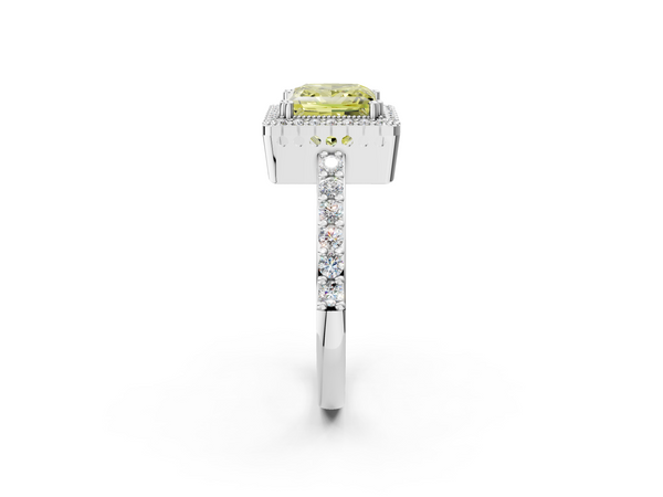 White gold Fancy Yellow Princess  Cut Diamond Halo Engagement Ring with Milgrain Detail and Pavé Band