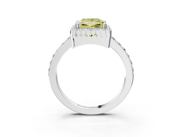 White gold Fancy Yellow Princess  Cut Diamond Halo Engagement Ring with Milgrain Detail and Pavé Band