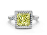 White gold Fancy Yellow Princess  Cut Halo Diamond Ring with Pave Band and Four-Prong Setting
