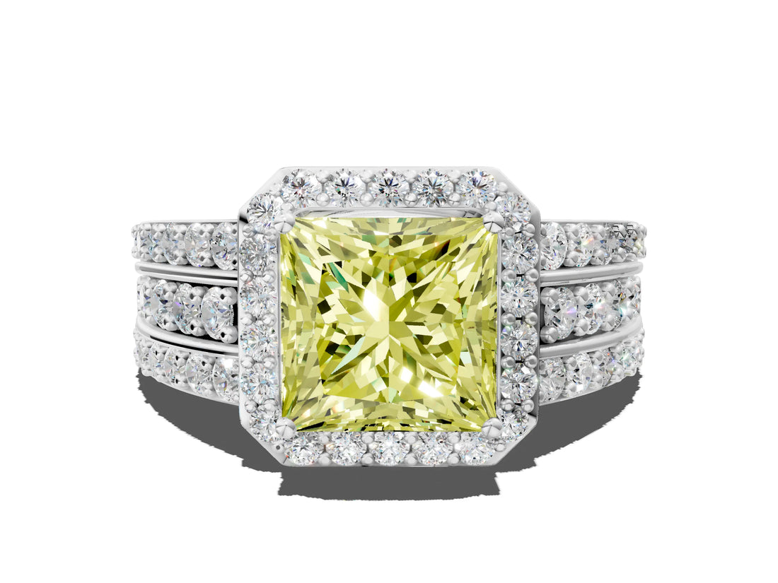 White gold Fancy Yellow Princess Cut Halo Diamond Ring with Round  Split Shank and Prong Setting_58