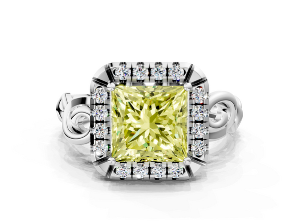 White gold Fancy Yellow Princess  Cut Halo Diamond Ring with Scrollwork Band and Four-Prong Setting
