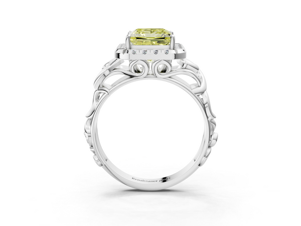 White gold Fancy Yellow Princess  Cut Halo Diamond Ring with Scrollwork Band and Four-Prong Setting