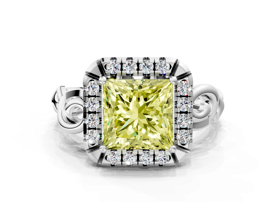 White gold Fancy Yellow Princess  Cut Halo Diamond Ring with Scrollwork Band and Four-Prong Setting