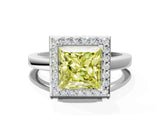 White gold Fancy Yellow Princess Cut Halo Diamond Ring with Solitaire Band and Prong Setting