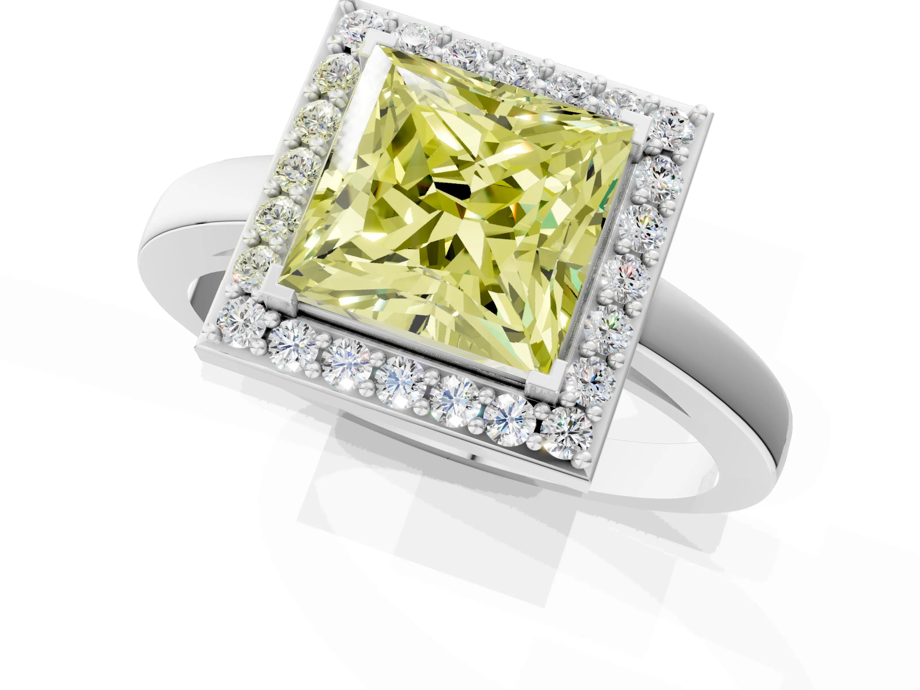 White gold Fancy Yellow Princess Cut Halo Diamond Ring with Solitaire Band and Prong Setting_1