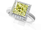 White gold Fancy Yellow Princess Cut Halo Diamond Ring with Solitaire Band and Prong Setting_1