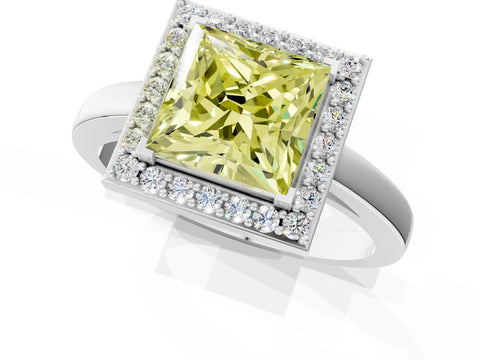 White gold Fancy Yellow Princess Cut Halo Diamond Ring with Solitaire Band and Prong Setting_1