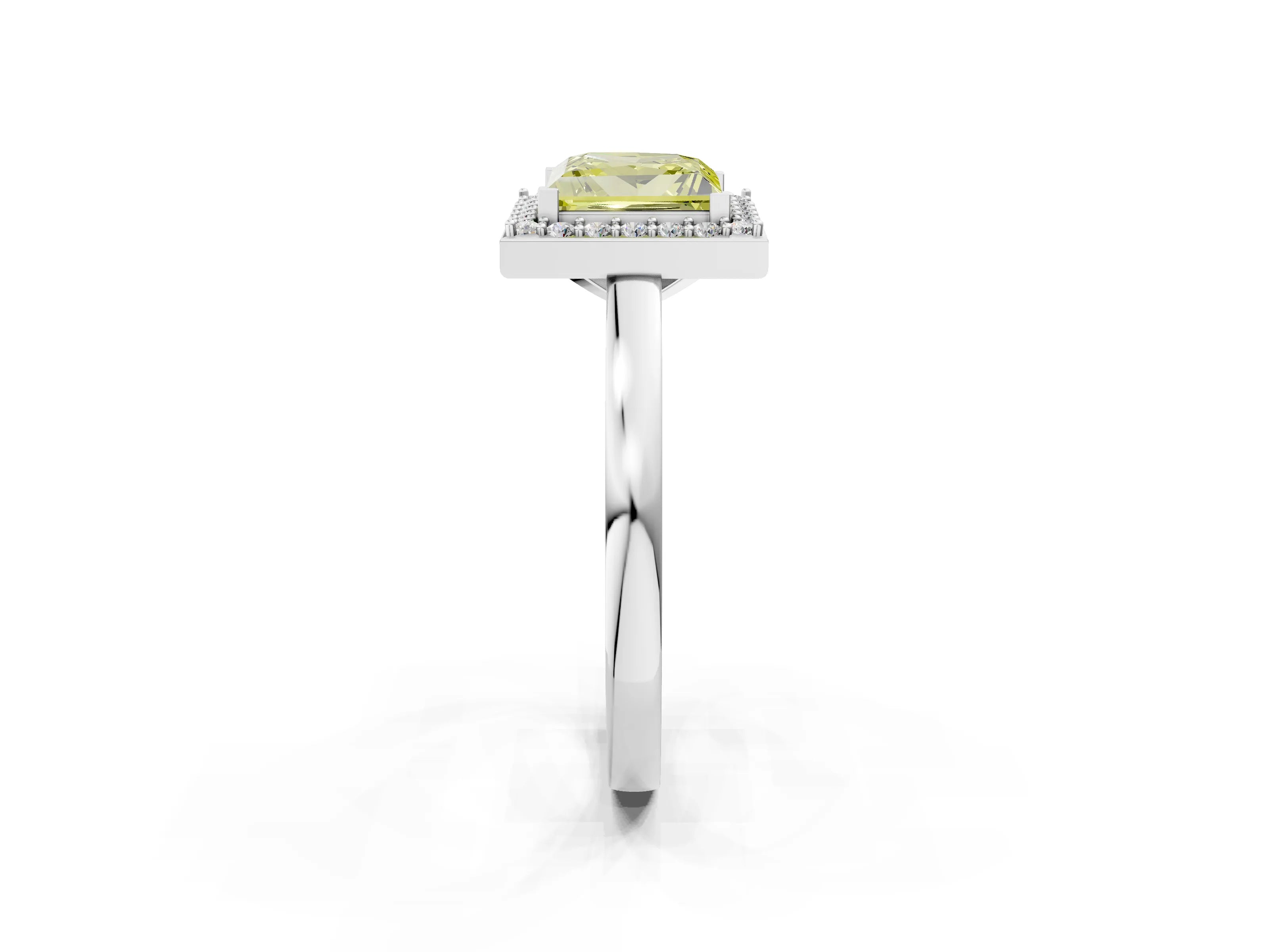 White gold Fancy Yellow Princess Cut Halo Diamond Ring with Solitaire Band and Prong Setting_2