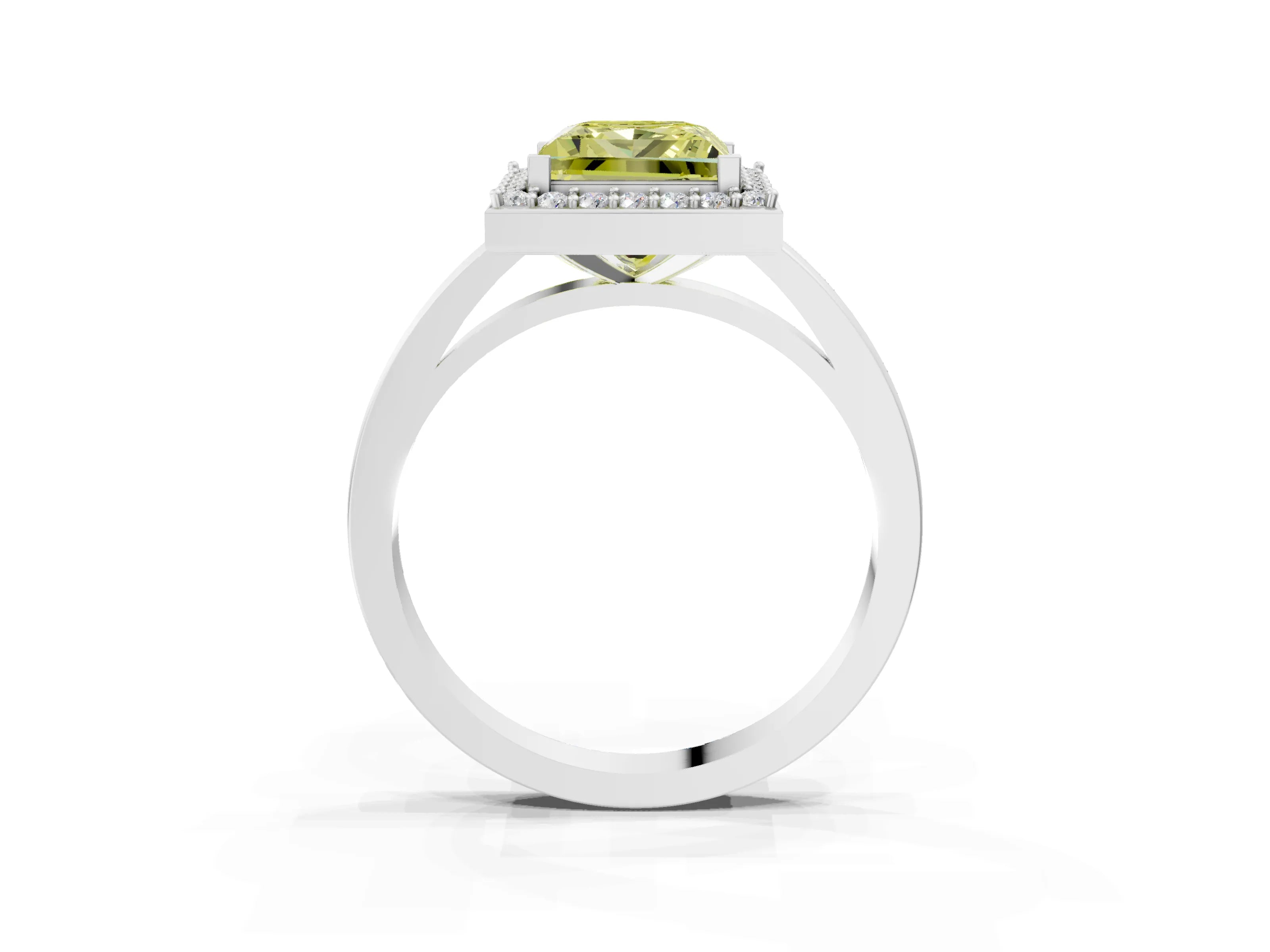White gold Fancy Yellow Princess Cut Halo Diamond Ring with Solitaire Band and Prong Setting_3
