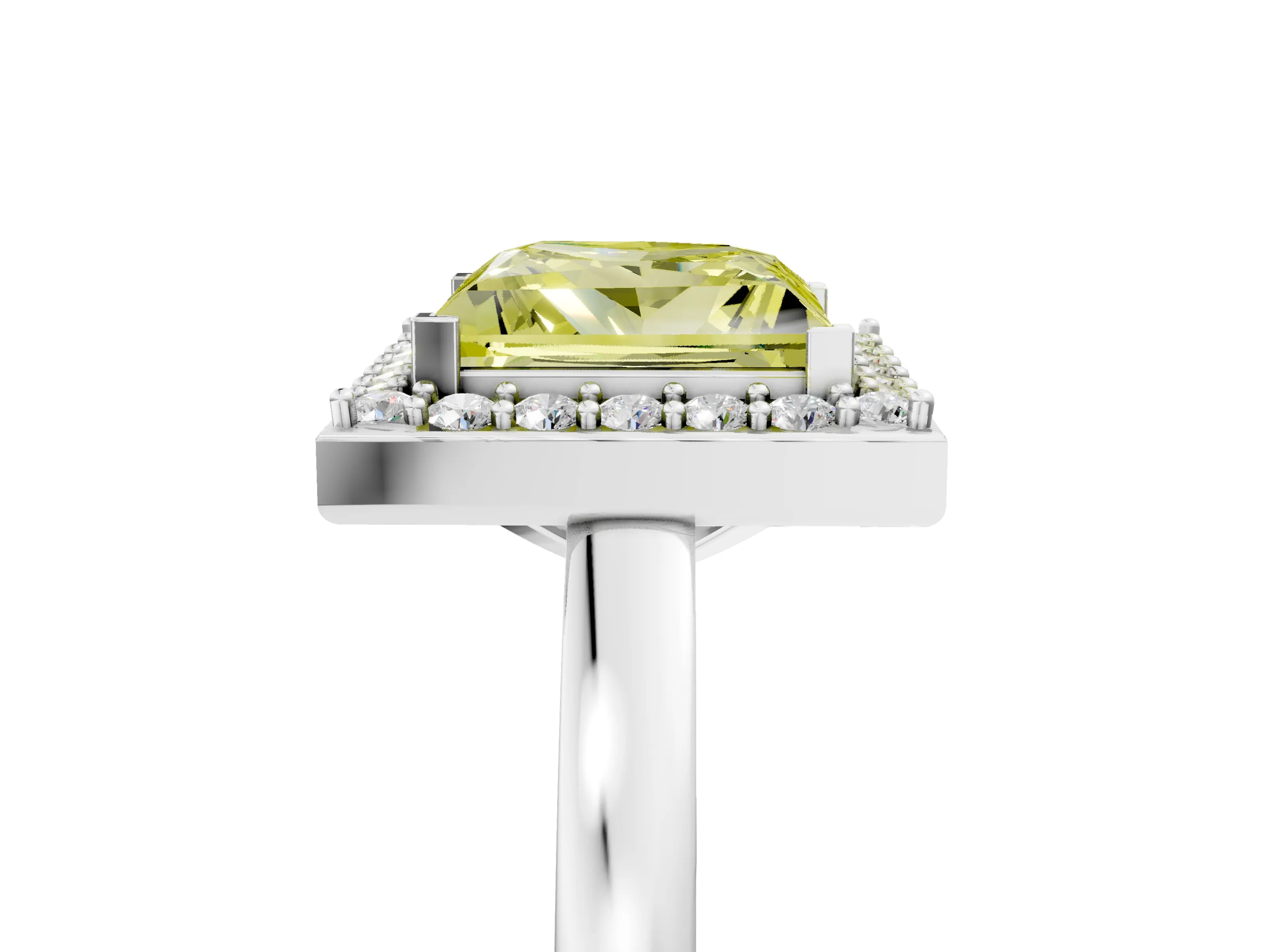 White gold Fancy Yellow Princess Cut Halo Diamond Ring with Solitaire Band and Prong Setting_5