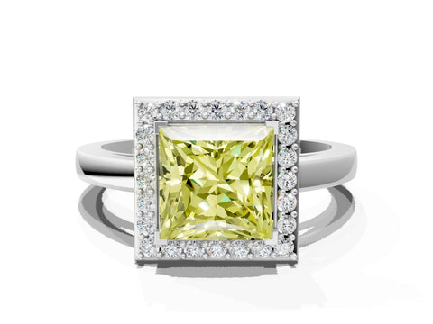 White gold Fancy Yellow Princess Cut Halo Diamond Ring with Solitaire Band and Prong Setting