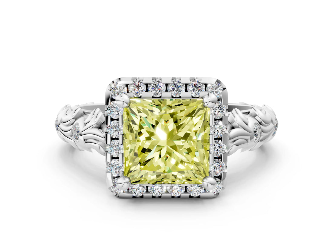 White gold Fancy Yellow Princess Cut Halo Diamond Solitaire with Filigree Band and Four-Prong Setting_12