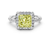 White gold Fancy Yellow Princess Cut Halo Diamond Solitaire with Filigree Band and Four-Prong Setting_12