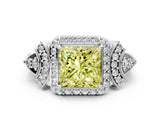 White gold Fancy Yellow Princess Cut Halo Diamond Split Shank Engagement Ring with Four-Prong Setting