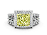 White gold Fancy Yellow Princess Cut Halo Diamond Split Shank Ring with Prong Setting