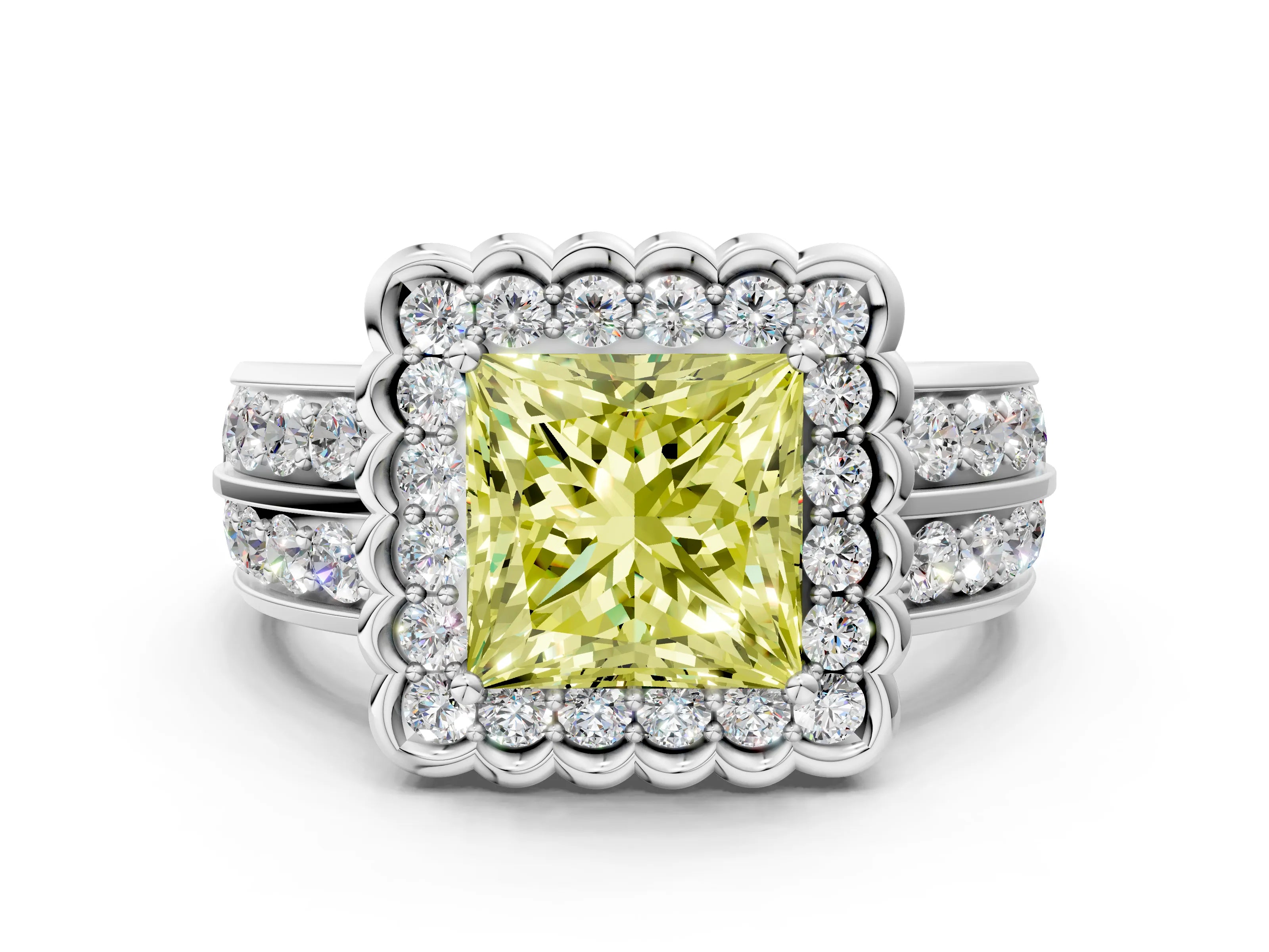 White gold Fancy Yellow Princess Cut Halo Diamond Split Shank Ring with Scalloped Prong Setting_12