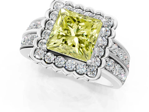 White gold Fancy Yellow Princess Cut Halo Diamond Split Shank Ring with Scalloped Prong Setting_13