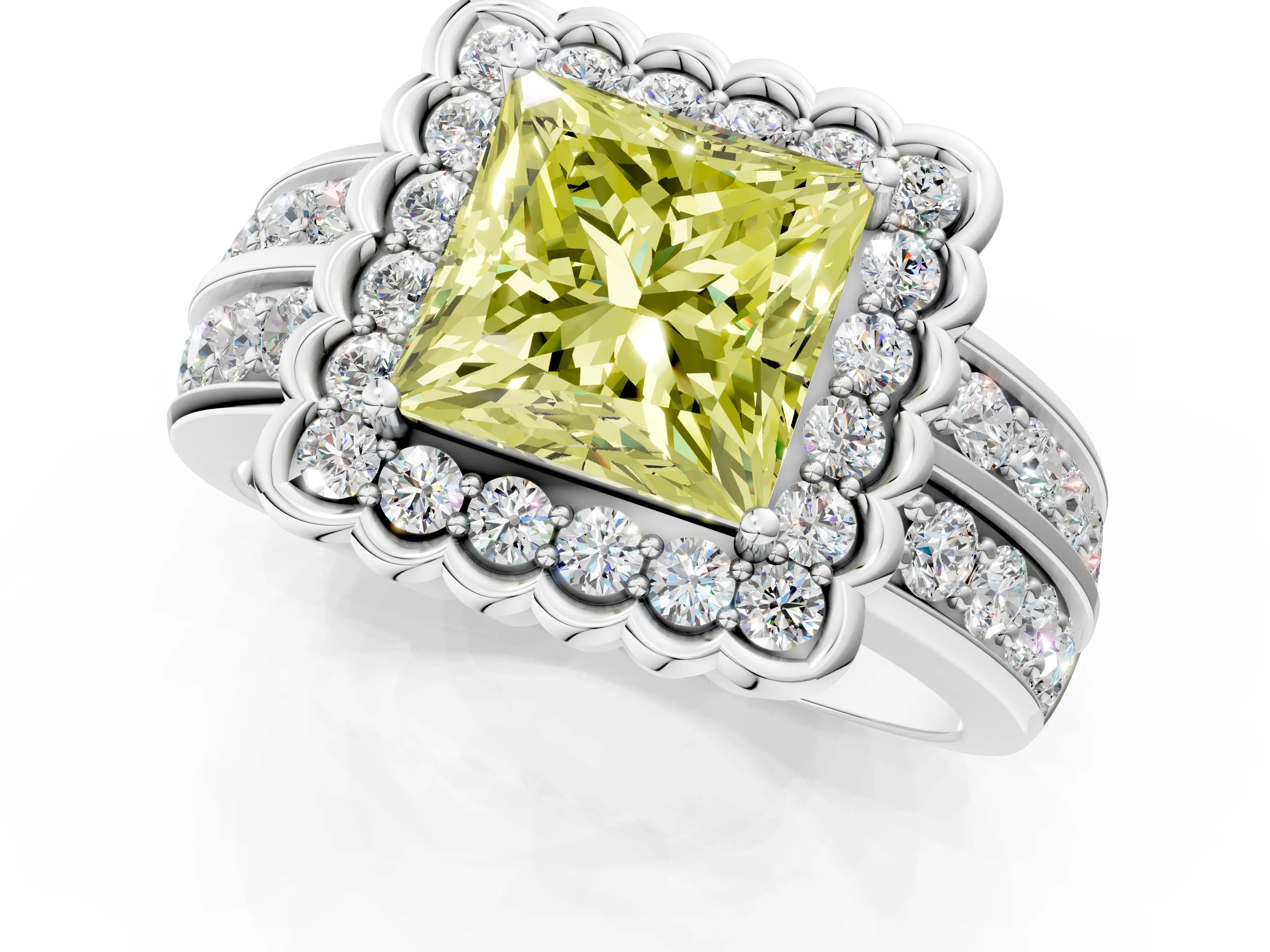 White gold Fancy Yellow Princess Cut Halo Diamond Split Shank Ring with Scalloped Prong Setting_13