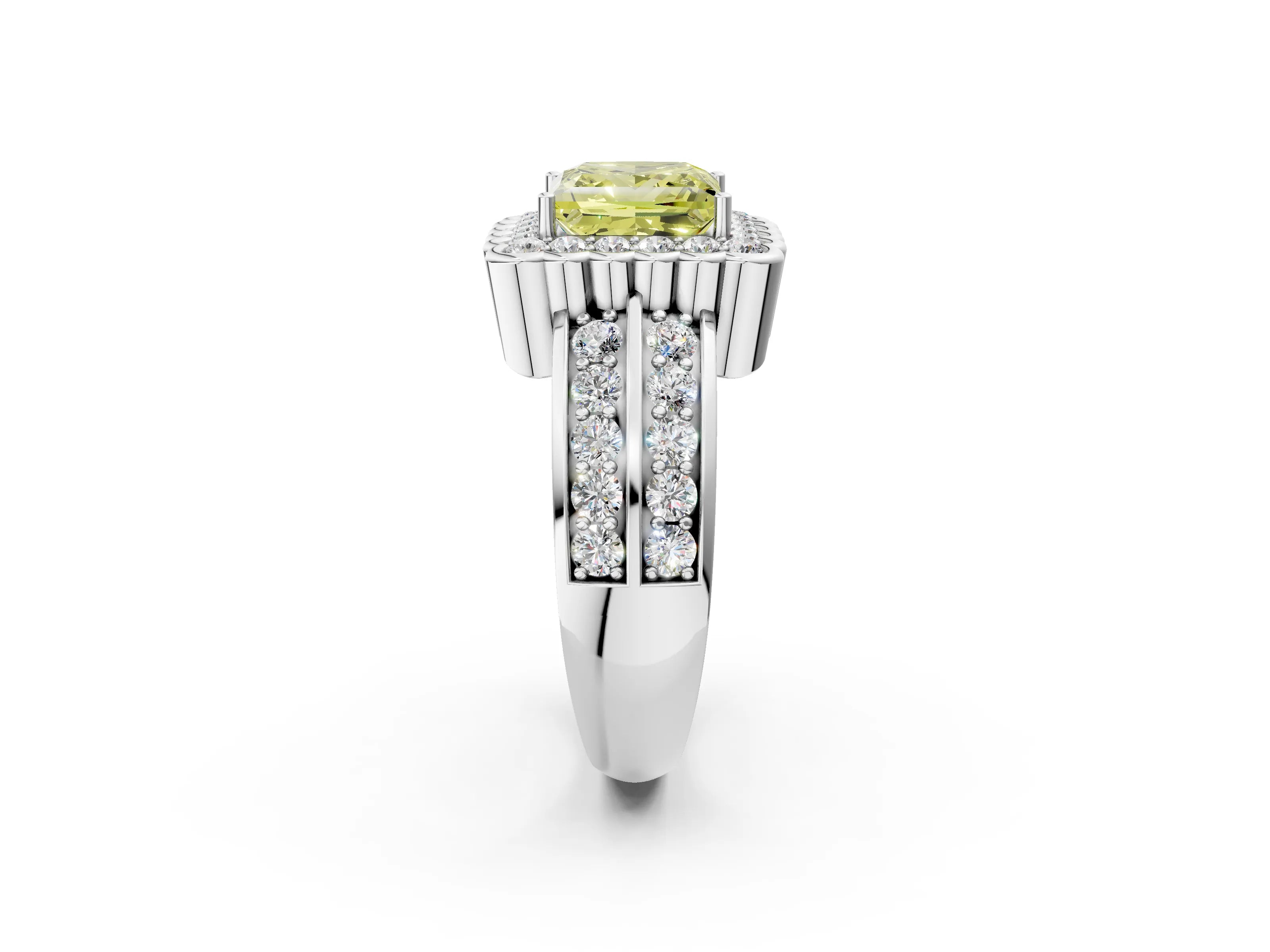 White gold Fancy Yellow Princess Cut Halo Diamond Split Shank Ring with Scalloped Prong Setting_14
