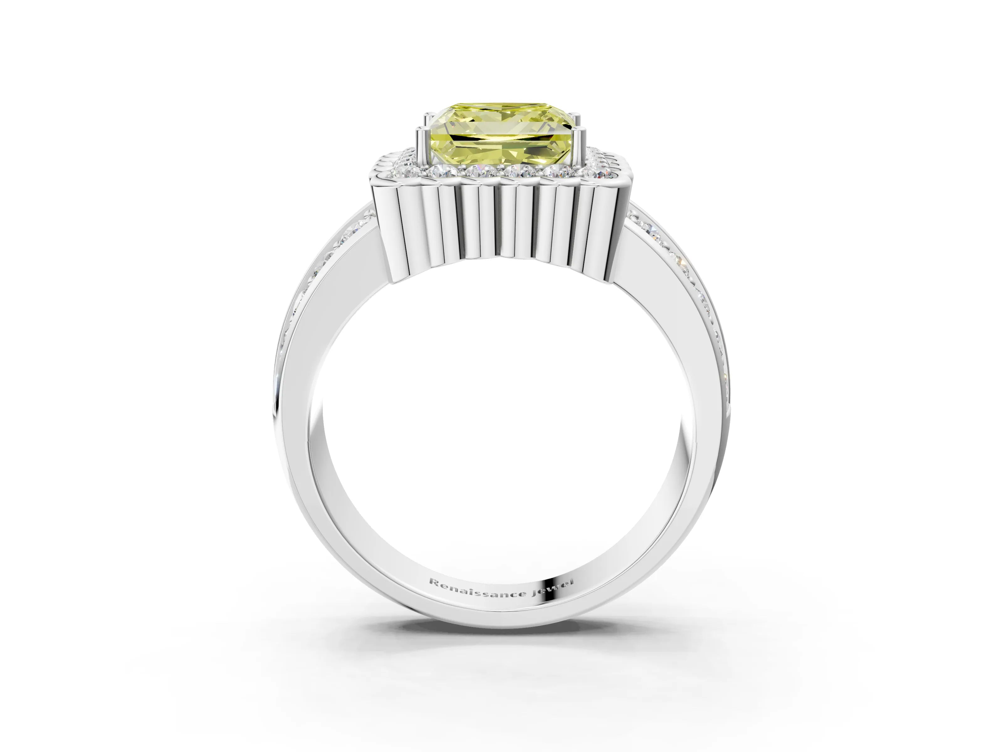 White gold Fancy Yellow Princess Cut Halo Diamond Split Shank Ring with Scalloped Prong Setting_15