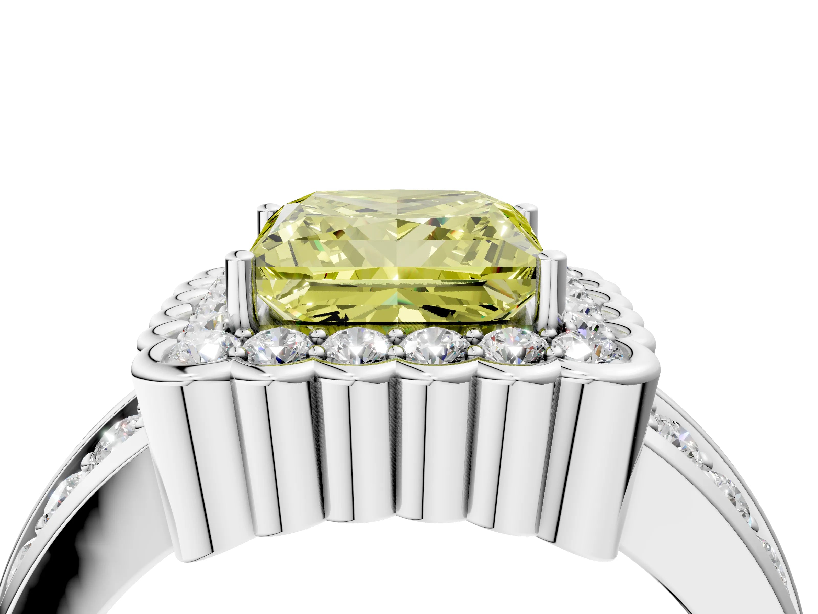 White gold Fancy Yellow Princess Cut Halo Diamond Split Shank Ring with Scalloped Prong Setting_16
