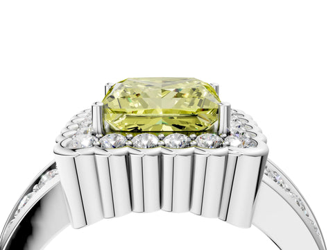 White gold Fancy Yellow Princess Cut Halo Diamond Split Shank Ring with Scalloped Prong Setting_16