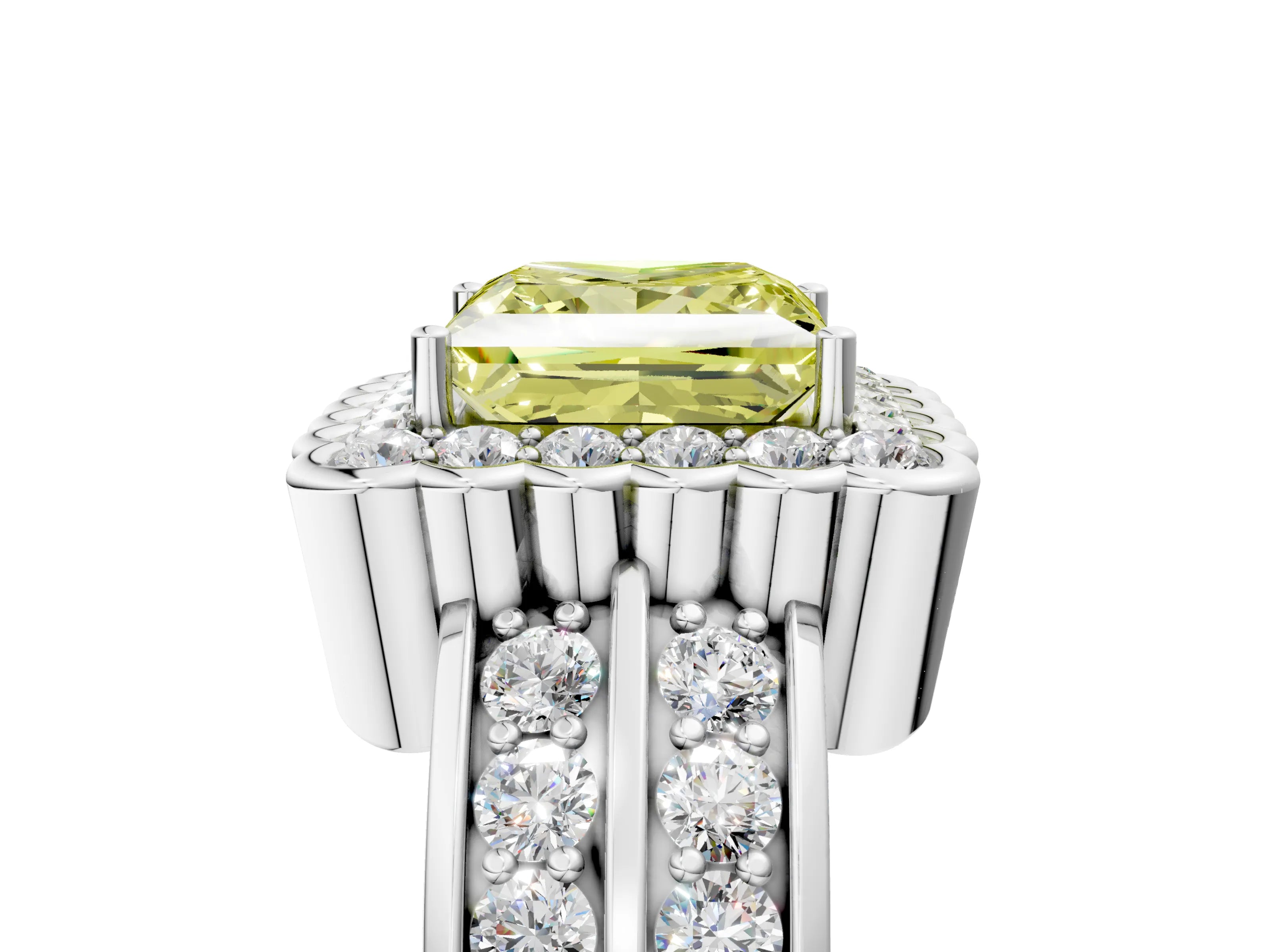 White gold Fancy Yellow Princess Cut Halo Diamond Split Shank Ring with Scalloped Prong Setting_17