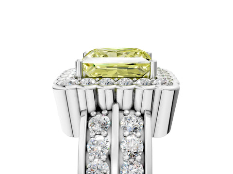 White gold Fancy Yellow Princess Cut Halo Diamond Split Shank Ring with Scalloped Prong Setting_17
