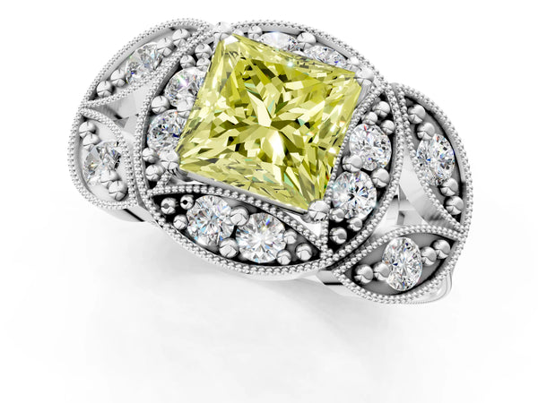 White gold Fancy Yellow Princess Cut Halo Milgrain Diamond Engagement Ring with Leaf Band and Four-Prong Setting