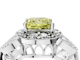 White gold Fancy Yellow Princess Cut Halo Milgrain Diamond Engagement Ring with Leaf Band and Four-Prong Setting_4