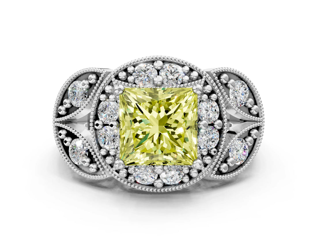 White gold Fancy Yellow Princess Cut Halo Milgrain Diamond Engagement Ring with Leaf Band and Four-Prong Setting