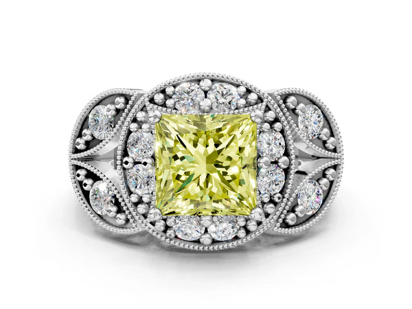 White gold Fancy Yellow Princess Cut Halo Milgrain Diamond Engagement Ring with Leaf Band and Four-Prong Setting