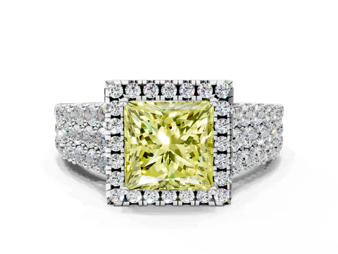 White gold Fancy Yellow Princess Cut Halo Pavé Diamond Engagement Ring with Split Shank and Four-Prong Setting_3