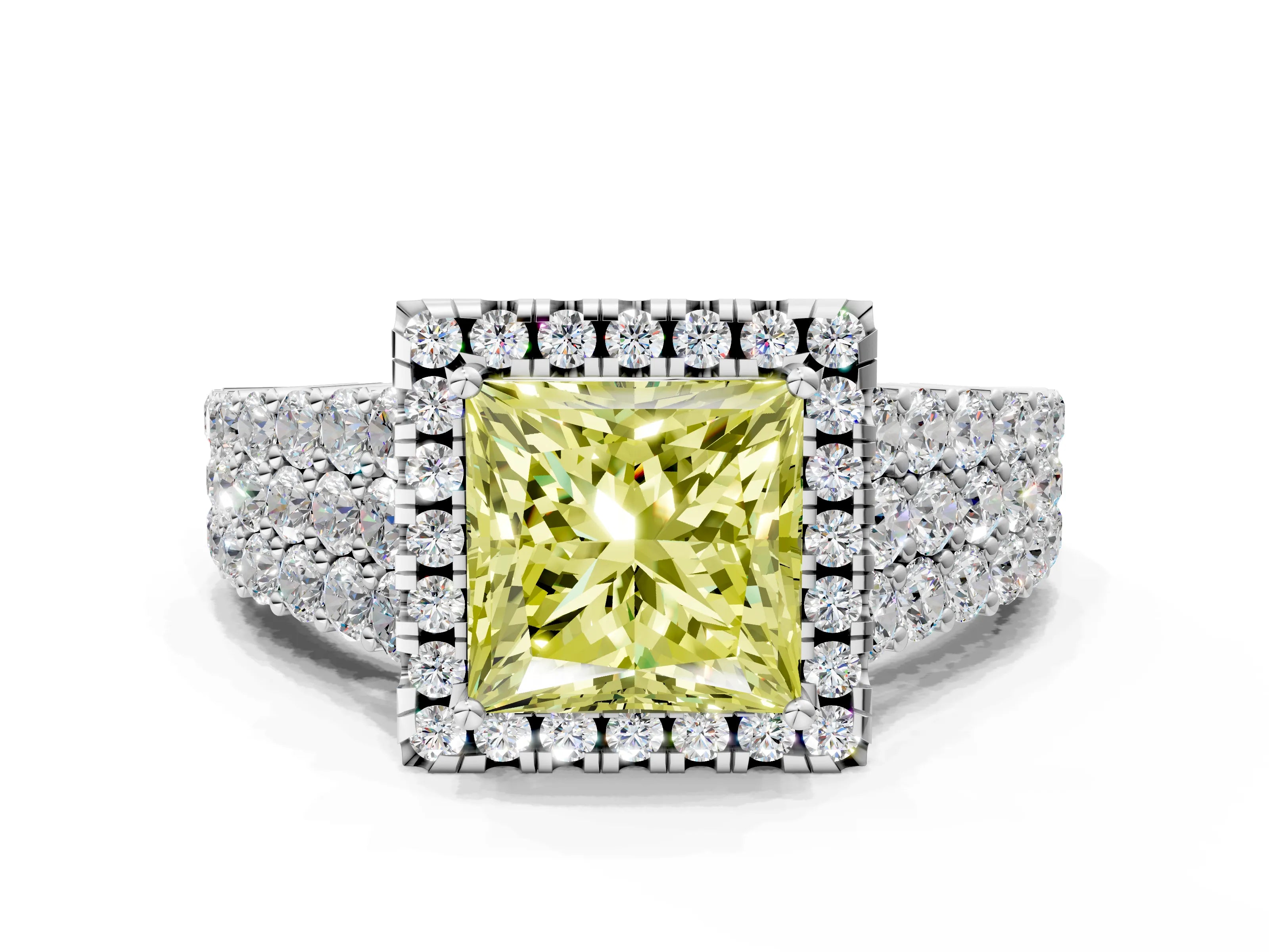 White gold Fancy Yellow Princess Cut Halo Pavé Diamond Engagement Ring with Split Shank and Four-Prong Setting_3