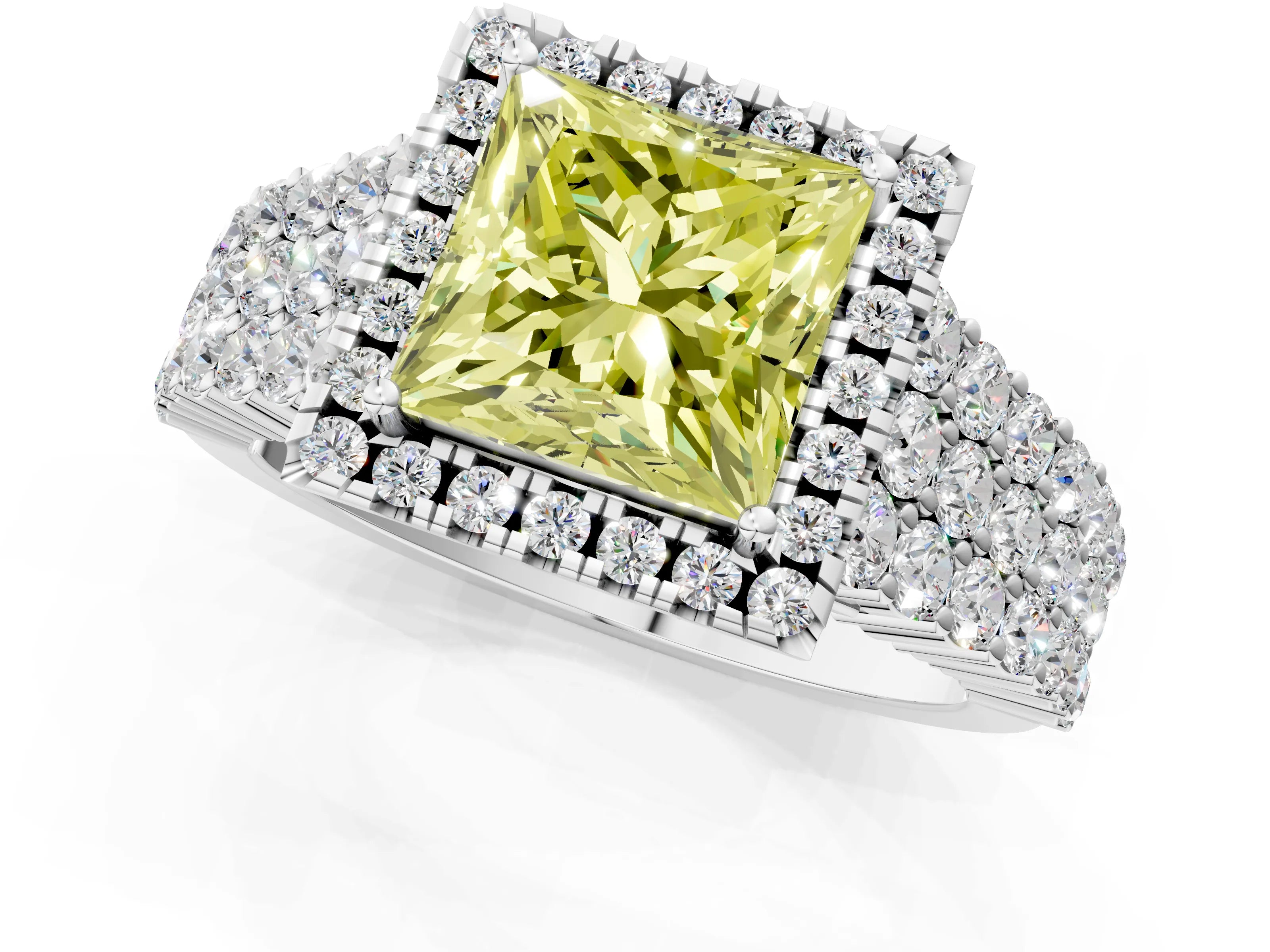 White gold Fancy Yellow Princess Cut Halo Pavé Diamond Engagement Ring with Split Shank and Four-Prong Setting_4